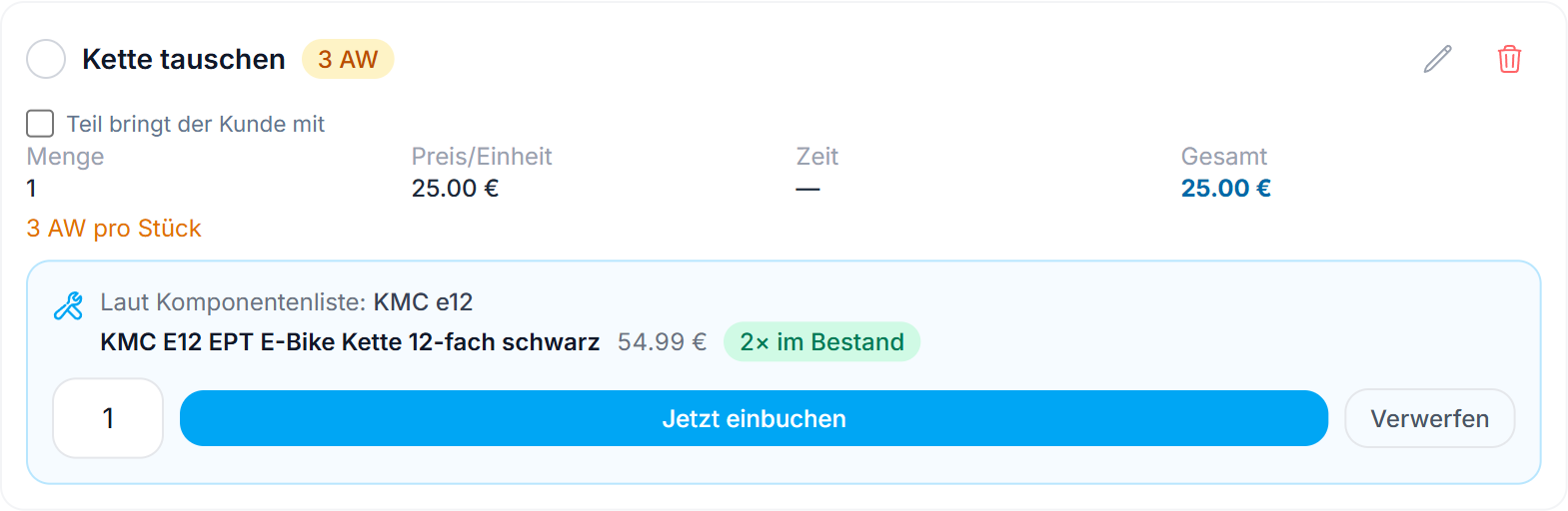 Auftrag WO-0001967 in KuKo — die Position Kette tauschen mit dem Teilevorschlag aus der Komponentenliste des Rads, Preis und Lagerbestand
