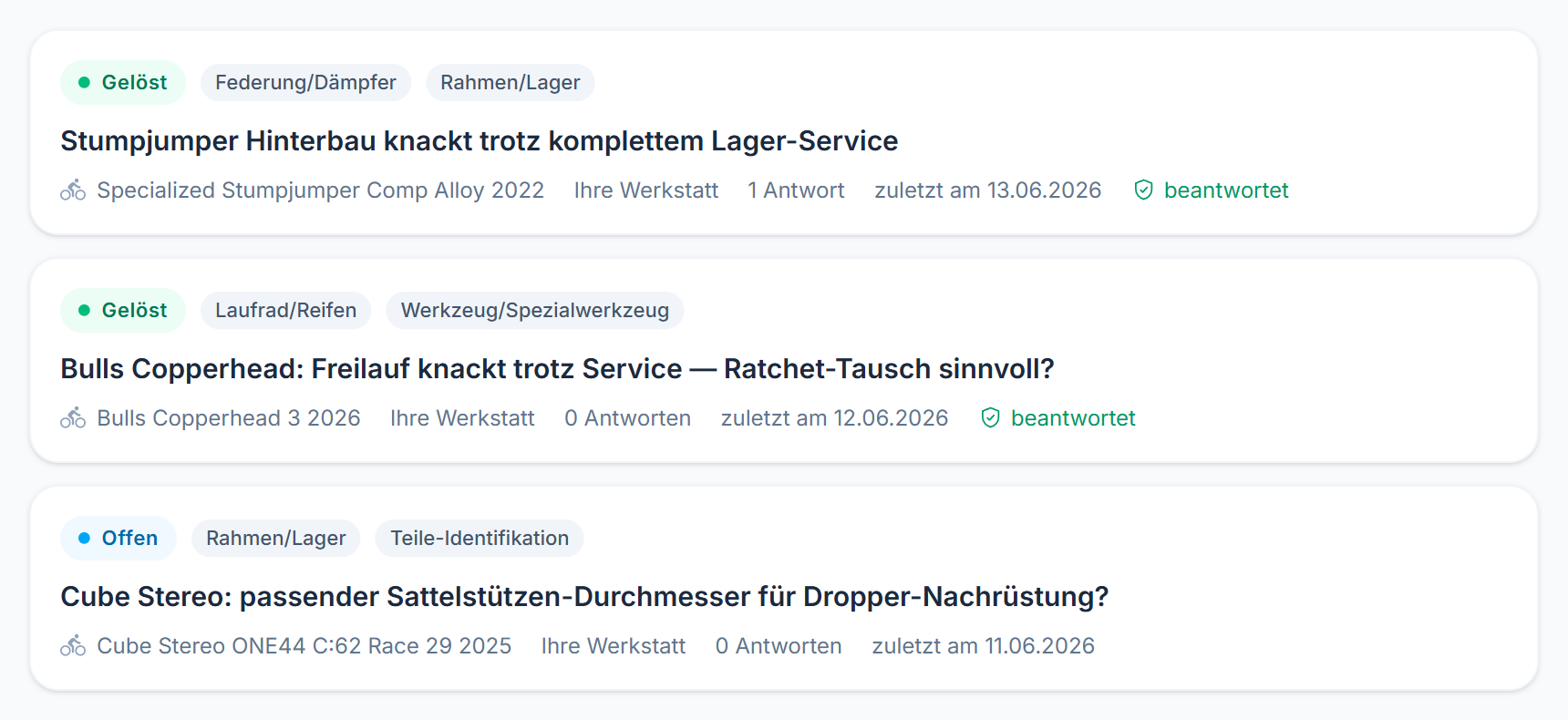 Drei Fragen im Teile-Netz von KuKo — je mit Kategorie, Rad, Antwortzahl und Stand
