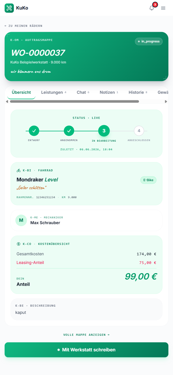 KuKo-Kundenansicht auf dem Handy — Auftragsstatus mit Kostenübersicht und eigenem Anteil