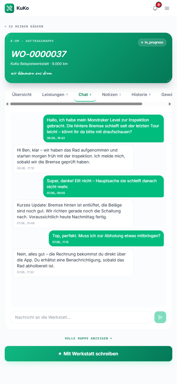 Chat zwischen Kunde und Werkstatt im Auftrag