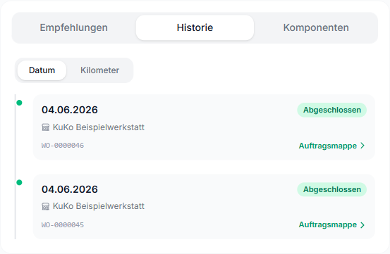 Service-Historie eines Rads mit Wartungsempfehlungen