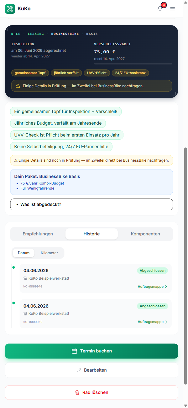 Leasing-Übersicht mit Budget, Inspektion und Verschleißpaket