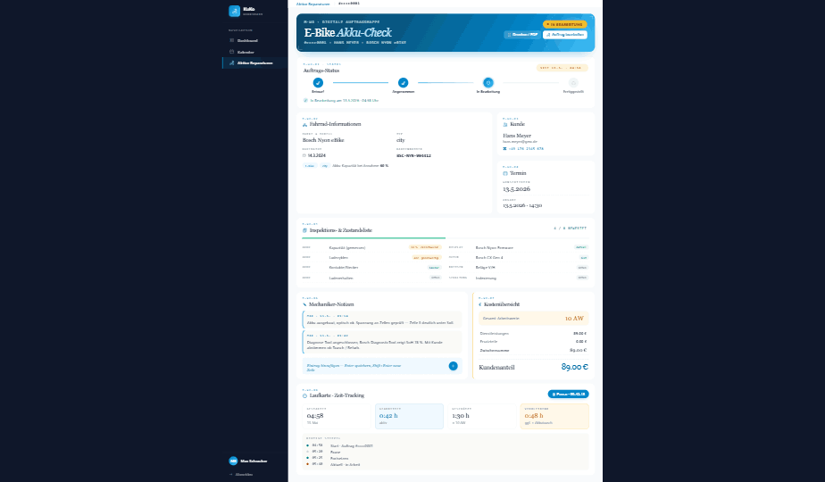 KuKo Mechaniker-App – aktiver Auftrag mit Status und Leasing-Freigabe