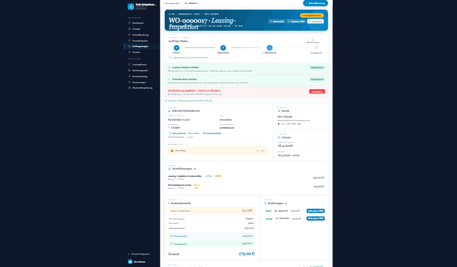 Werkstattauftrag mit sichtbarem Gewährleistungs-Workflow, Leasing-Freigabe und Kostenübersicht